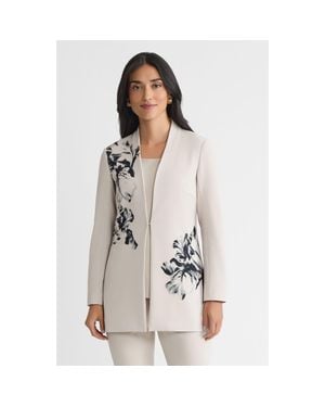 Ming Wang Floral Printed Stretch Deco Crepe Jacket - White