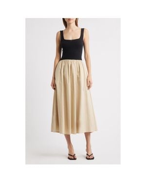 Moon River Square Neck Mixed Media Midi Dress - Natural