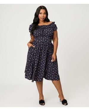 Unique Vintage Plus Size 1950S Off The Shoulder Ruffle Swing Dress - Blue