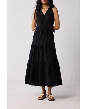 REISTOR Sleeveless Embroidered Wrap Dress With Tiers - Black