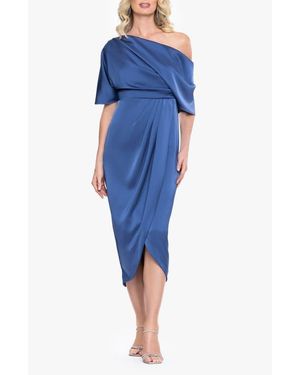 Betsy & Adam One-Shoulder Satin Cocktail Tulip Dress - Blue