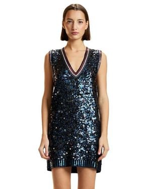 Cynthia Rowley Sequin V-Neck Mini Knit Dress - Blue
