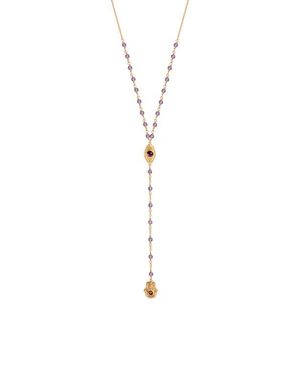 Karma and Luck Amethyst Evil Eye Hamsa Plated Lariat Necklace - White