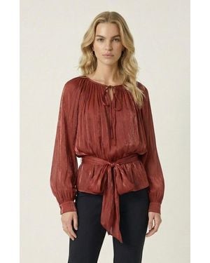 Modenaire Long Sleeve Tie Neck Waist Belt Blouse - Red