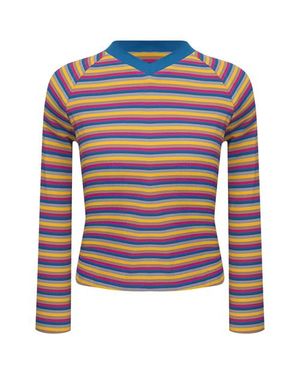 MiuMax Striped Rib Knit Raglan Long Sleeve V-Neck Tee - Red
