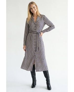 Exquise Long Sleeve Geometric Print Midi Shirt Dress With Waist Detail - Black