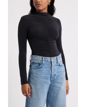 Open Edit Shirred Mock Neck Top - Black
