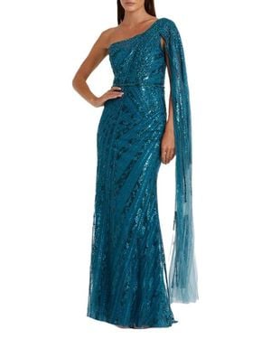 Mac Duggal Sequin One-Shoulder Evening Gown With Sheer Cape Sleeve - Blue