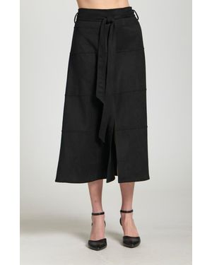 Apny Faux Suede Paneled A-Lined Midi Skirt - Black