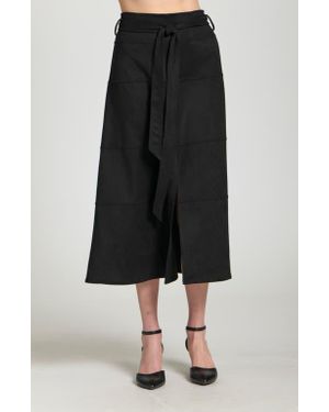 Apny Faux Suede Paneled A-Lined Midi Skirt - Black