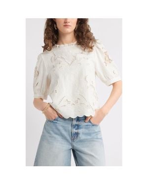 Treasure & Bond Embroidered Cutwork Puff Sleeve Linen Blend Top - White