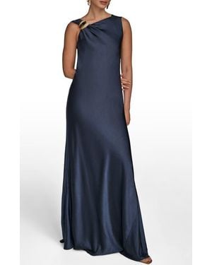 Donna Karan Asymmetric Cowl Back Satin Gown - Blue