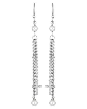 ATHRA LUXE Imitation Pearl & Cross Linear Drop Earrings - White