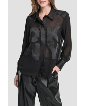 DKNY Chiffon Logo Sheer Button-Up Shirt - Black