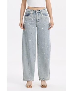 Bayeas Embellished High Waist Barrel Jeans - Blue