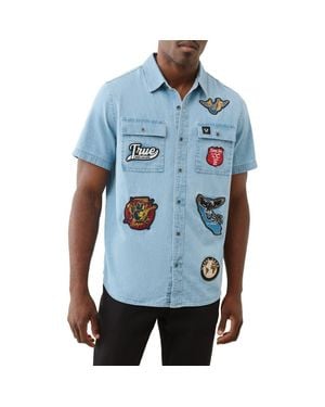 True Religion Logo Patch Short Sleeve Cotton Button-Up Work Shirt - Blue