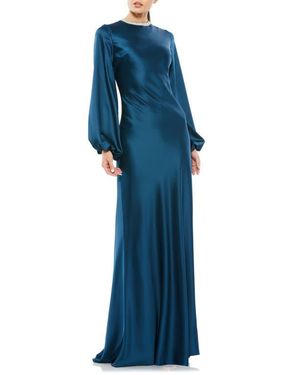 Mac Duggal Petite Beaded High Neck Bishop Sleeve Satin Gown - Blue