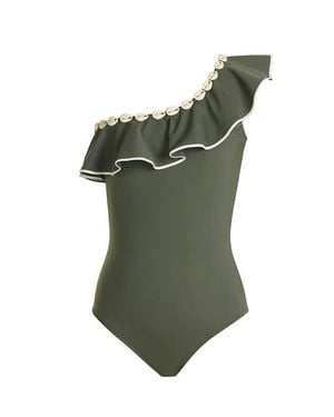 NESSI BYRD One-Shoulder Ruffle With Shell Detail One-Piece Swimsuit - Green