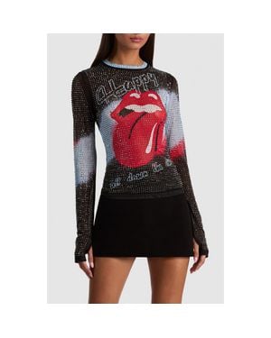 Alice + Olivia Delaina Embellished Long Sleeve Mesh Top - Black
