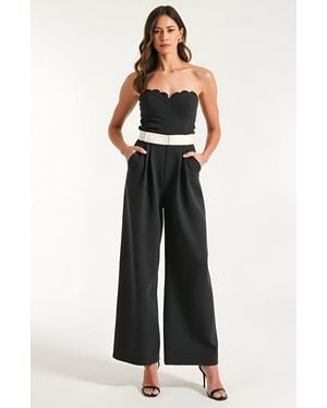 Modenaire Strapless Jumpsuit With Scalloped Bodice, Waist Belt And Wide-Leg Pants - Black