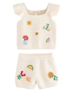 Next Kids' Crochet Appliqué Open Stitch Cotton Top & Shorts Set - White