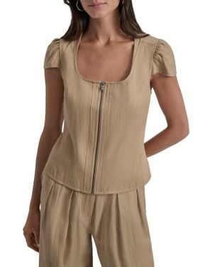 DKNY Cap Sleeve Zip Front Twill Shirt - Brown