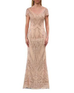 La Femme Long Art Deco Gown With Intricate Beaded Design - Natural