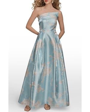 Donna Karan Floral Print Strapless Satin Gown - Blue