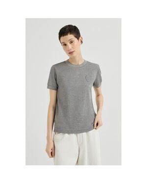 Brunello Cucinelli Stretch Cotton Piqué T-Shirt With Sparkling Cotton Knit Inserts And Logo - Gray