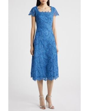 Tahari Corded Lace Cocktail Midi Dress - Blue