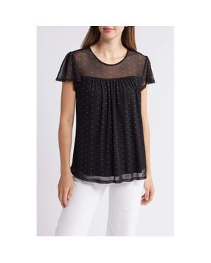 Loveappella Polka Dot Sheer Yoke Mesh Top - Black