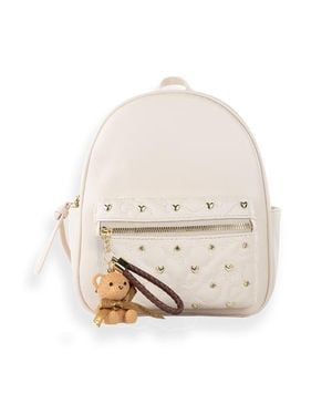 Under One Sky Heart-Quilted Mini Backpack With Bear Charm - Natural