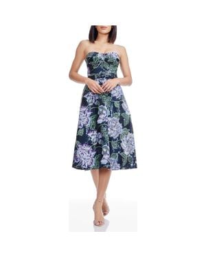 Dress the Population Carlta Embroidered Sequin Floral Strapless Cocktail Midi Dress - Blue