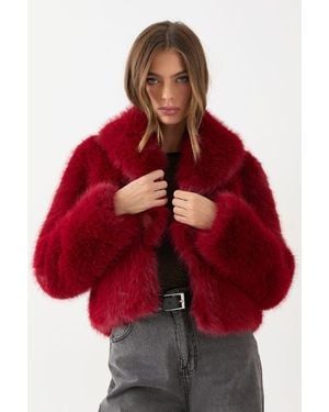 MissPap Faux Fur Cropped Collar Coat - Red