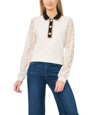 Cece Lace Sleeve Polo Sweater - Blue