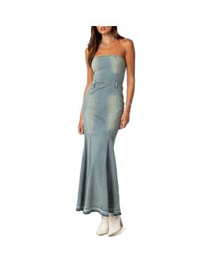 Edikted Astoria Strapless Release Hem Denim Maxi Dress - Blue