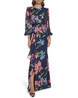 Eliza J Floral Long Sleeve Ruffle Chiffon Dress - Blue