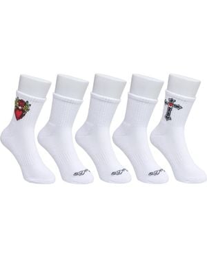 Ed Hardy Heart Print Half Cushion Mid Crew Sock 5-Pack - White