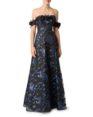 Aidan Mattox Metallic Jacquard Organza Off The Shoulder Gown - Blue