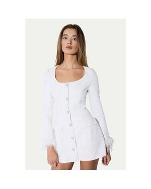 MissPap Boucle Feather Trim Mini Dress - White