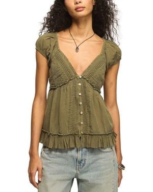 Lucky Brand Pleated Lace Trim Plunge Neck Babydoll Top - Green