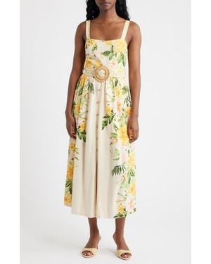 Moon River Floral Belted Midi Sundress - Yellow