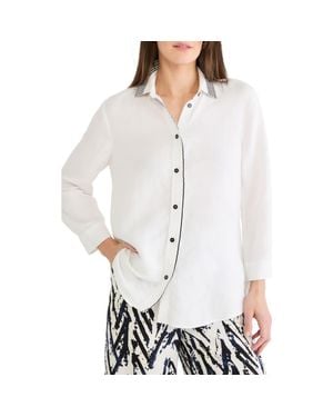 NIC+ZOE Stripe Trim Linen Blend Button-Up Shirt - White