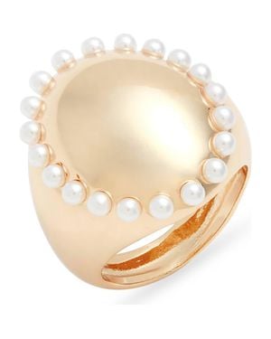 Open Edit Faux Pearl Border Signet Ring - Metallic