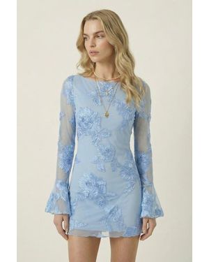 Modenaire Sheer Floral Embroidered Mini Dress - Blue