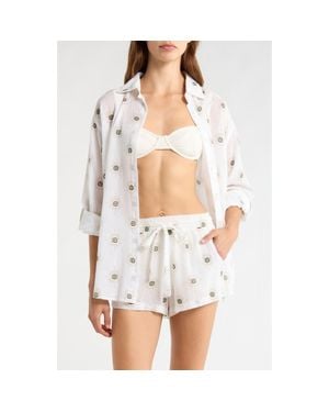 Elan Evil Eye Print Button-Up Cover-Up Shirt - White