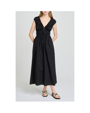 Wayf Liv Ruched Stretch Cotton Poplin Midi Dress - Black