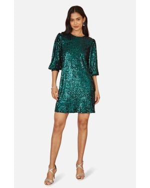 Yumi' Balloon Sleeve Sequin Mini Dress - Green