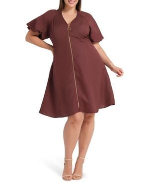 Estelle Heather Front Zip Puff Sleeve Dress - Red