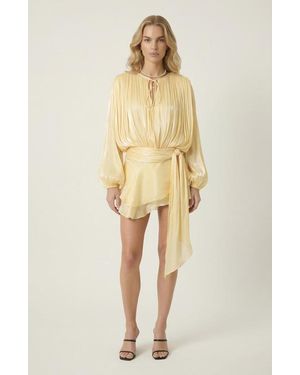 Modenaire Pleated Long Sleeve Mini Dress With Tie Waist And Keyhole Neck - Natural